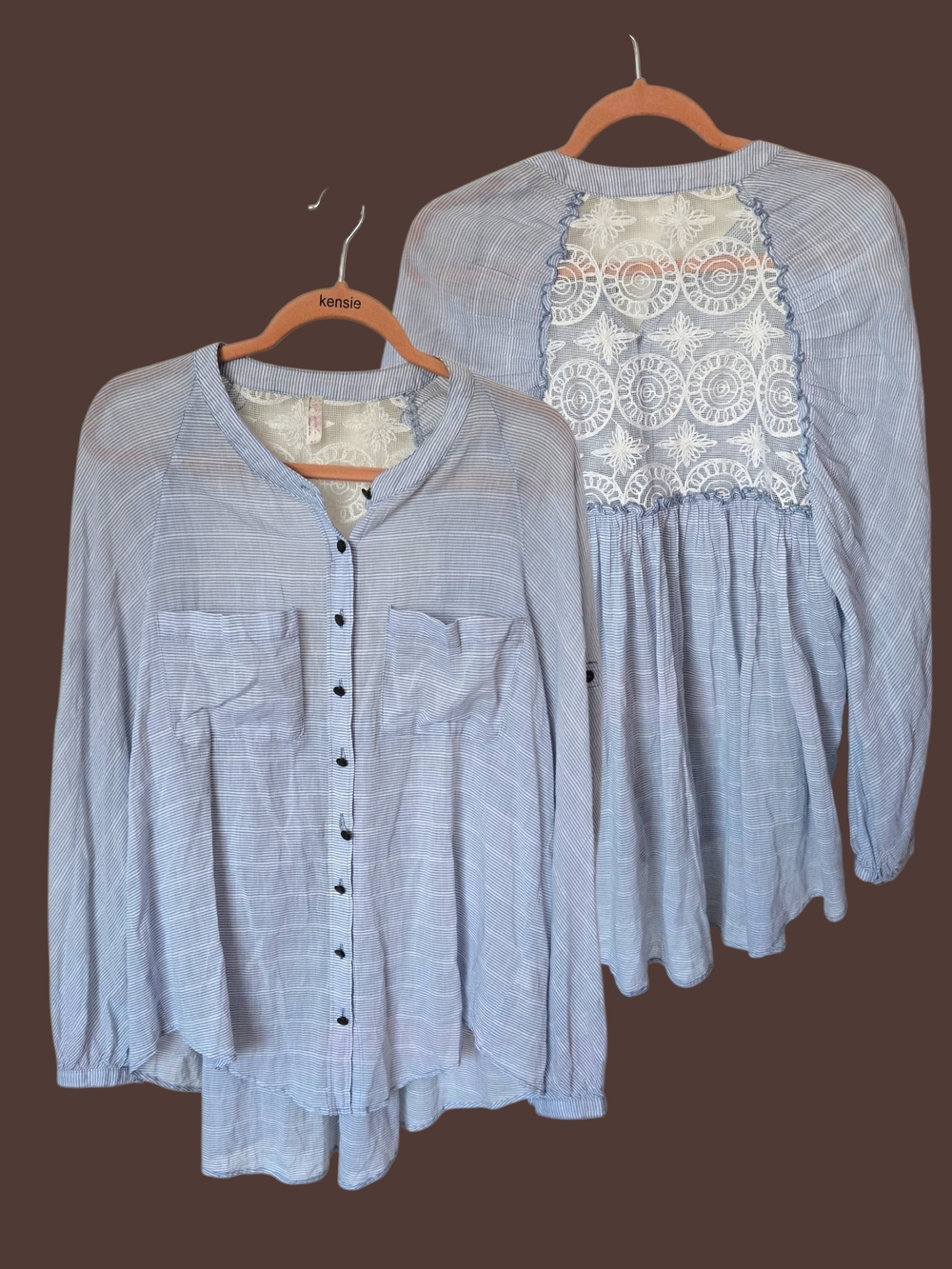 Kensie Pale Blue Button-Front Top with White Lace Back